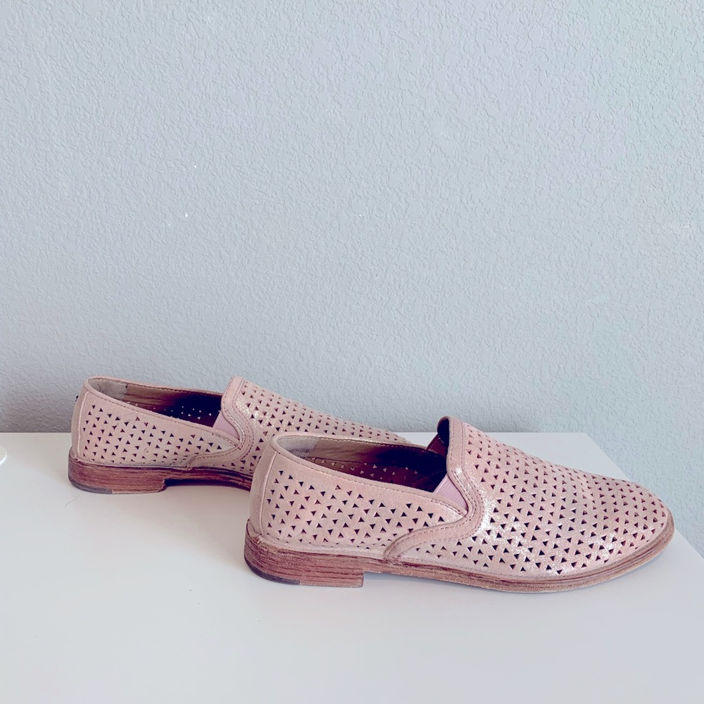 Trask Ali Perfed blush metallic suede slip on loafer flats